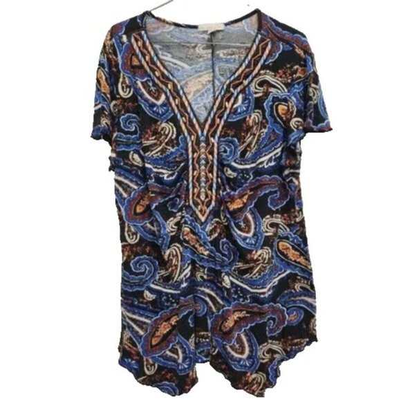 DRESSBARN Women Paisley Tunic Top 2X Blue Embroidered Asymmetric Short Sleeve - Picture 1 of 6